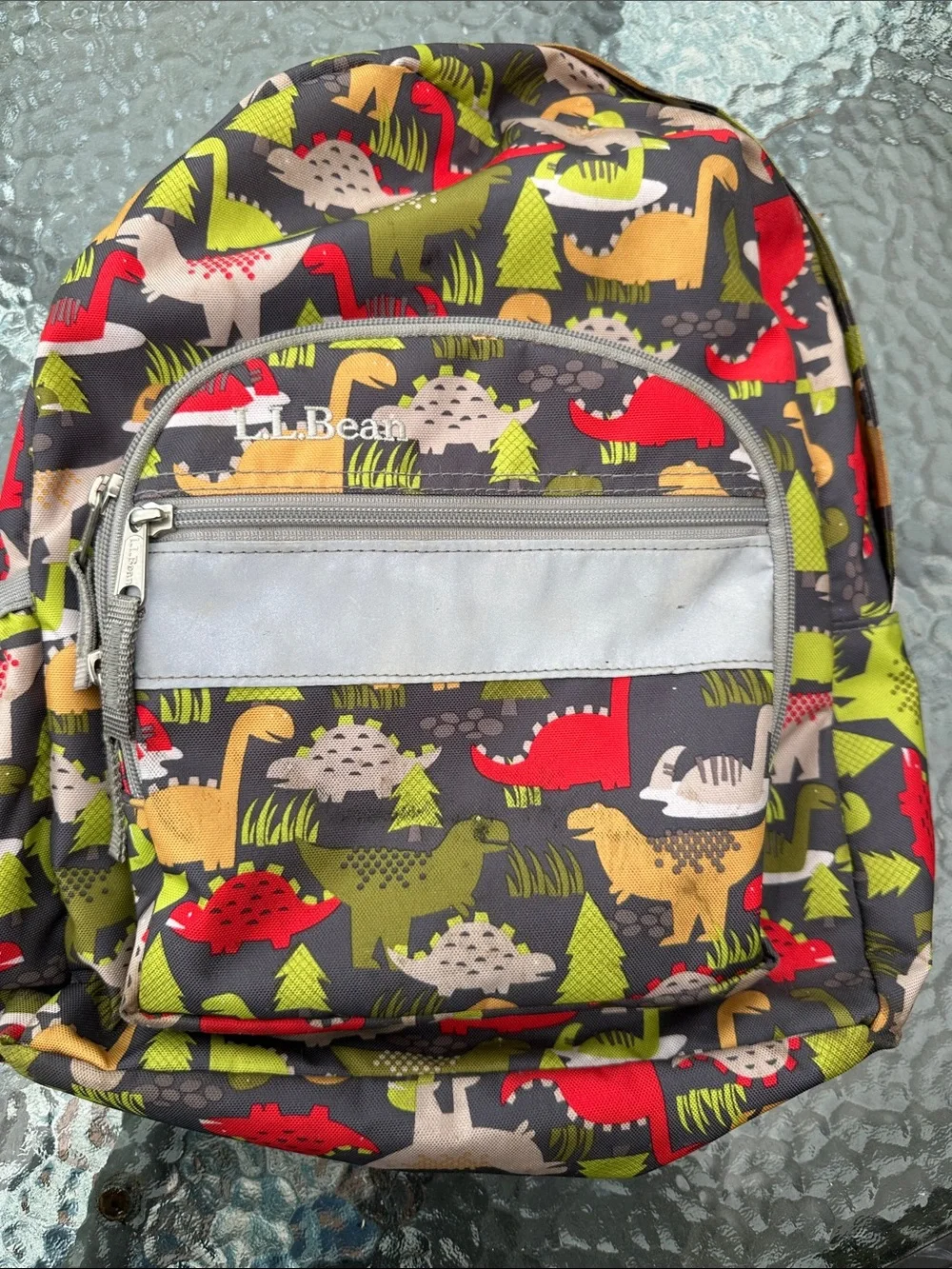 L.L. Bean Kids Dinosaur Backpack in Red, Green, Tan, Gray